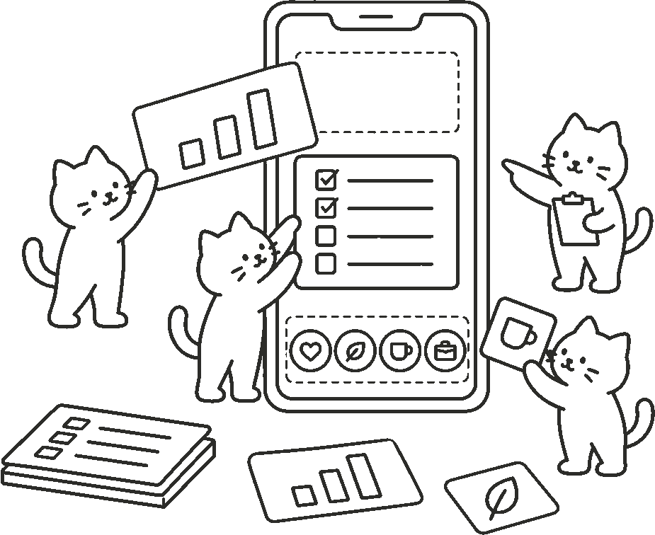 A line drawing of four cats building a phone app together — one carries a chart panel, one fits a checklist into the screen, one directs with a clipboard.